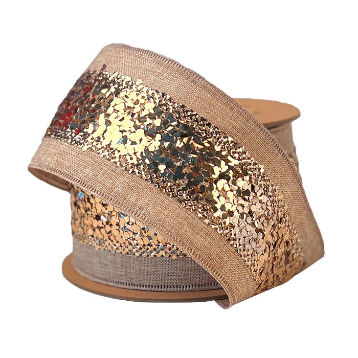 The 2.5" Natural and Bronze Metallic Striped Ribbon (WR-10228-063-10) features a wide, sparkly bronze stripe down the center of beige ribbon, adding glamour. Shown partially unrolled on a plain white background.