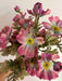 The 21 In Cosmos Bush X 11 (84566-Mv) features a gradient of pink, purple, and mauve flowers with yellow centers amidst green leaves on a white backdrop, showing some stems and leaves.