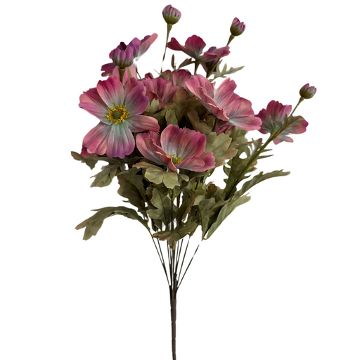 The 21 Cosmos Bush X 11 (Product Code: 84566-Mv) features vibrant pink and mauve artificial flowers with green leaves, detailed yellow centers, and a lively display against a plain white background.
