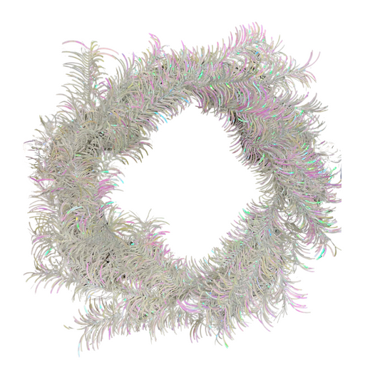 The 24 In Tinsel Wreath 84574-Wtpk features frosted, white pink iridescent pine needles that shimmer with green hints, giving it a festive and wintry look reminiscent of delicate tinsel.