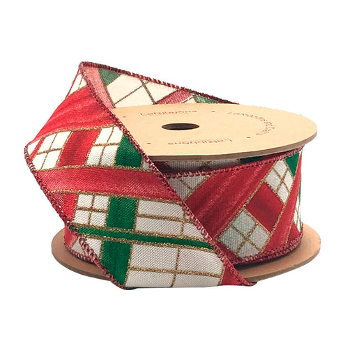 The 1.5" White Red and Green Faux Argyle Ribbon (WR-10169-038-10) features a plaid pattern and comes partially unspooled on a reel—ideal for crafting or gift wrapping.