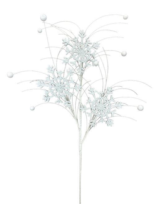 The 28 White Glitter Snowflake Spray with 3 Stems (84615WT) features white snowflakes and ornaments on curved branches, perfect for adding festive holiday décor to any space.