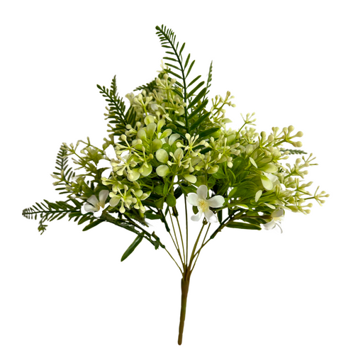 The 16 In Plastic Leaves Bush X 9 (84694-Cr) is a bouquet of small, delicate green and white flowers with fern-like leaves, contrasted by a cream background, featuring 9 stems that offer natural charm.