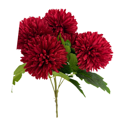 The 16 In Mum Bush X 7 84700-Rd, a vibrant cluster of red chrysanthemums with dense petals and lush green leaves on slender stems, stands out against a plain white background, beautifully highlighting the rich color and intricate details.