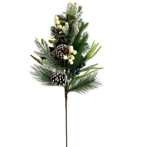 The 30 In Mixed Pine Pinecone 84732 features a sprig of artificial greenery with frosted pine needles, flocked pine cones, and cream/navy berries on a single brown stem, providing a festive and wintry look.
