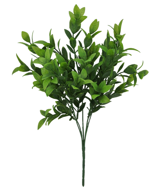 The 14 Baby Ruscus Bush with 5 Stems (Product ID: 84814) boasts lush, artificial green leaves in various sizes and shades, branching out gracefully for a vibrant, bushy look.