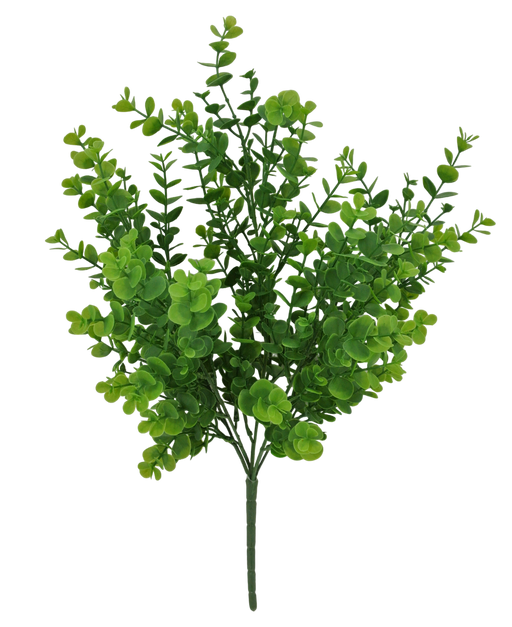 The 21 Green Eucalyptus Bush (model 84816-GN), features lush green artificial leaves and small rounded foliage arranged in a bushy formation across five stems, set against a plain gray background.