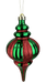 The H10xDIA4.5 Red and Green Drop-Shape Ornament 84910RDGN features glittery red and green stripes, a gold cap, and a thin gold string. Its bulbous, elegant design with pointed ends brings festive charm to your Christmas décor.