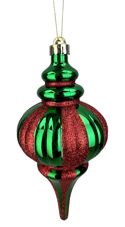 The H10xDIA4.5 Red and Green Drop-Shape Ornament 84910RDGN features glittery red and green stripes, a gold cap, and a thin gold string. Its bulbous, elegant design with pointed ends brings festive charm to your Christmas décor.