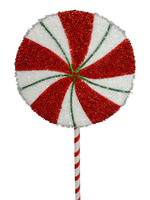 A lollipop spray named the 1" by 6" by 21" Red and White Lollipop Spray 85130SP21 showcases alternating red and glittery white spiral stripes highlighted with green accents. It's affixed to a stick wrapped in red and white stripes, producing a cheerful burst of festive colors.