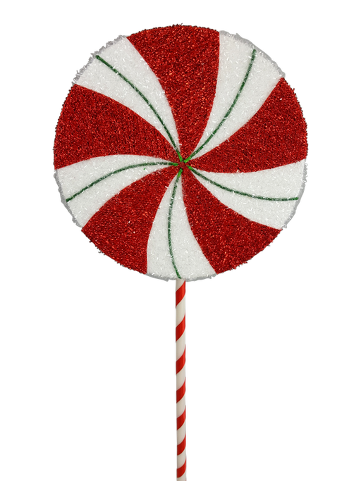 A charming 1.5" by 9" by 28" Red and White Foam Peppermint Lollipop (85130SP28) boasts a large, round decoration with red and white swirls, complemented by a stick wrapped in a corresponding red and white striped design.