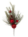 The 24" Red Needle Pine Plastic Leaf Spray 85154-RD features glittery silver pine branches, shiny red ornaments, and textured baubles—all arranged on a plain white background for a festive Christmas display.