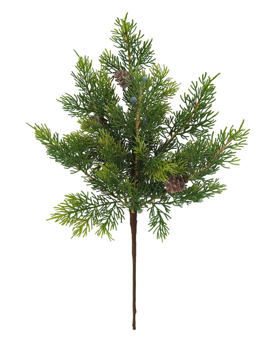The 18" Green Cedar Spray 85199 features small pinecones and needle-like leaves, arranged against a plain white background.