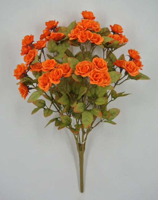 The 15.5 Long Orange Mini Rose Bush with 9 Stems (model 85206-OR) features vivid orange artificial flowers and green leaves on a single brown stem, displayed against a plain white background.