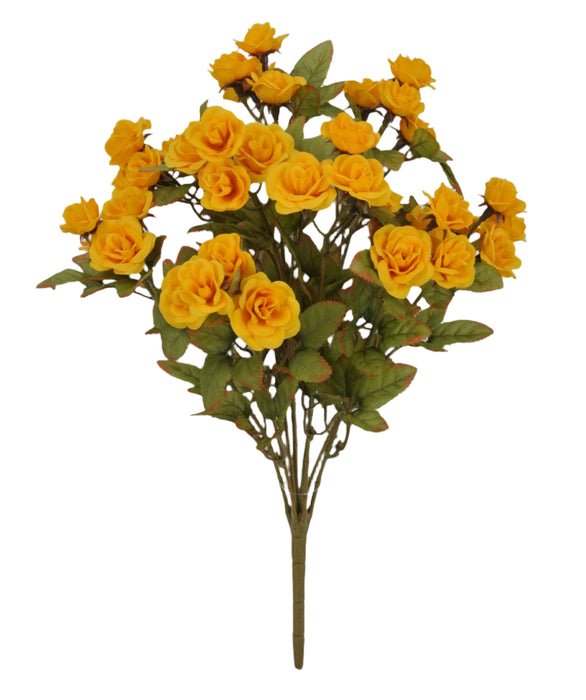 A 15.5 long yellow Mini Rose Bush with 9 stems (85206-YEL) features vibrant artificial roses and green leaves arranged in a fan shape against a white background.