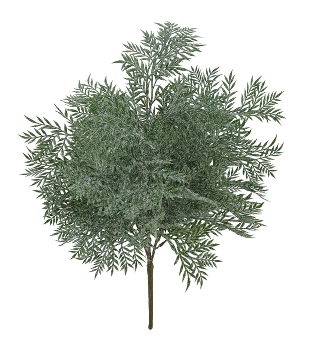 The 21" Plastic Leaf with Iced Bush Spray 85257 features artificial green fern-like leaves with a snowy white dusting, displayed against a plain white background.