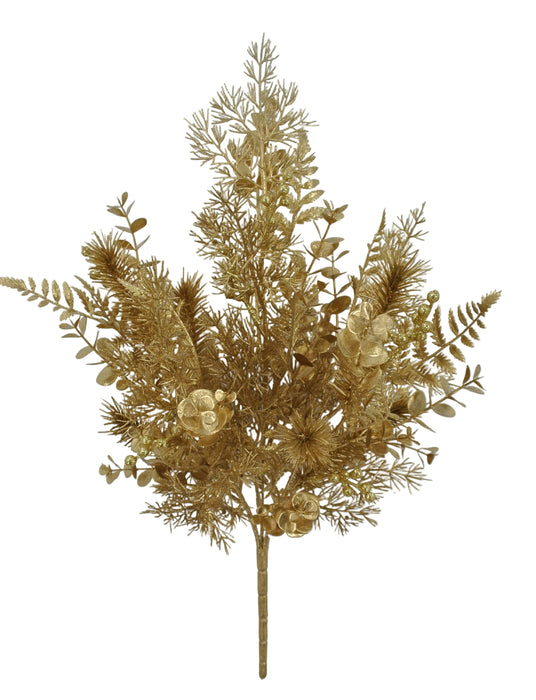 The 21" Eucalyptus Cedar Fern Spray 85260 features metallic gold artificial eucalyptus, cedar fern, and flowers in a tall, narrow arrangement, displayed against a plain white background.