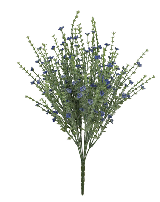 The 21" Blue Plastic Iced Flower Spray (85263-BL) features artificial green stems and small blue flowers, arranged in a fan shape against a plain white background.
