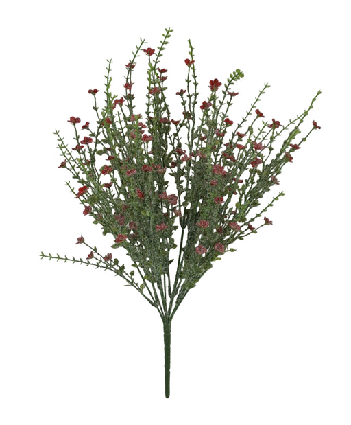 A single 21" Red Plastic Iced Flower Spray (85263-RD) with delicate green stems, small red flowers, and pink blooms fanned out against a plain light background.