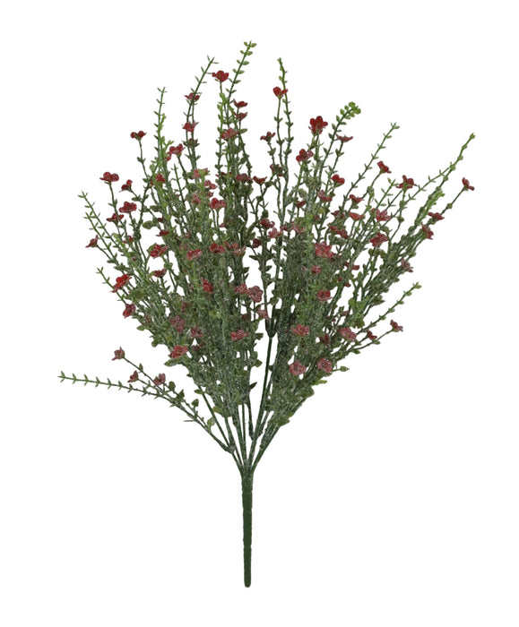 A single 21" Red Plastic Iced Flower Spray (85263-RD) with delicate green stems, small red flowers, and pink blooms fanned out against a plain light background.
