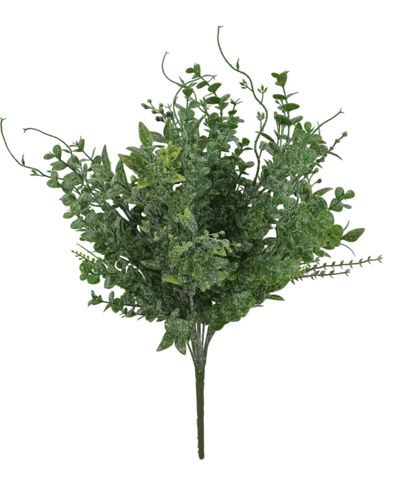 The 21" Mixed Iced Greenery Spray 85265 features frosted, snowy artificial leaves arranged in a lifelike spray, displayed against a plain light gray background.