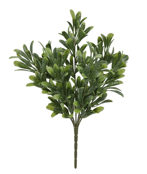The 17" Iced Mistletoe Bush with 7 Stems (85273) features frosted green leaves in a fan shape, perfect for festive decor. Shown against a plain light gray background.