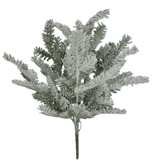 The 20" Snowed Pine Bush with 6 Stems (85287) features white-tipped artificial pine greenery and small pine cones, beautifully displayed against a plain black background.