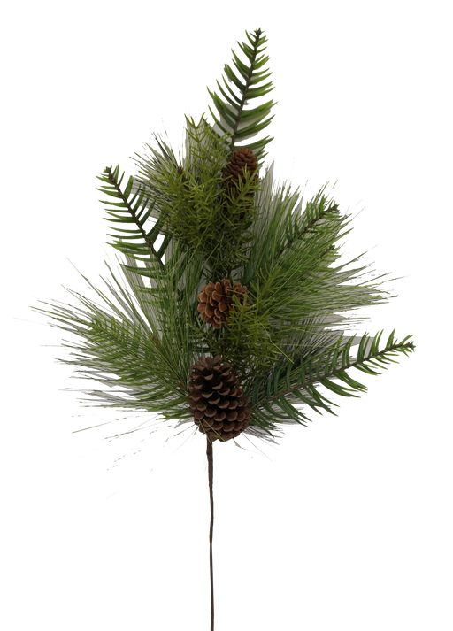 The 26 Pine Spray 85339SP28 features pine needles, fir branches, and brown pine cones on a slim dark stem, isolated on a transparent background.