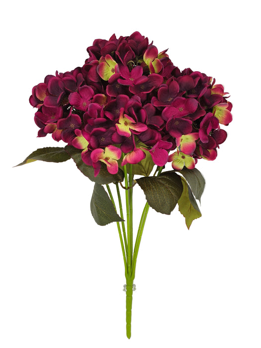The 20" Burgundy Hydrangea Bush with 7 Stems 85434-BG showcases dark magenta and yellow-green hydrangea flowers with green leaves, displayed against a plain white background.