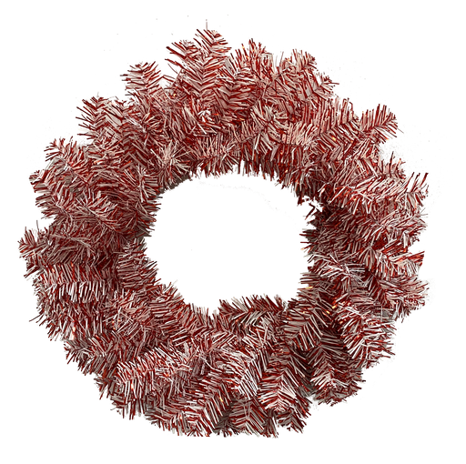 The 24 Diameter Red and White PVC Wreath (85630WR24) features red and white tinsel stripes in a festive candy cane design, set in a circular shape against a black background.
