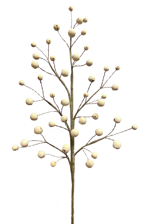 A 28" Natural Wooden Bead Spray, featuring a sparse arrangement of leaves, is adorned with small, round white berries that resemble delicate beads against a black background. The evenly distributed berries mimic natural wooden beads, imparting an elegant ornamental appearance.
