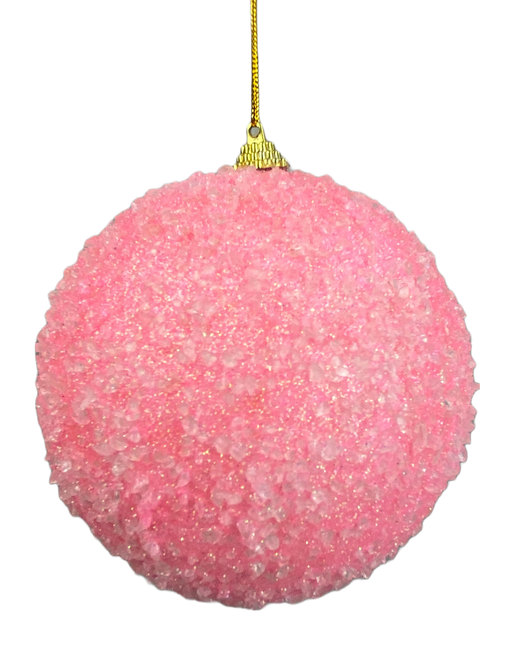 The DIA5 Pink Ball Ornament 85677PK features a sparkling, textured pink crystal design and hangs elegantly from a thin gold string.