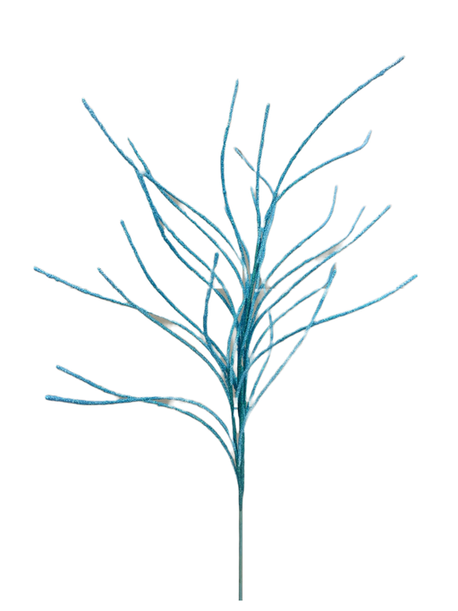 The 30" Blue Glitter Twig Spray 85717BL boasts multiple thin blue twigs extending in various directions against a plain white background.