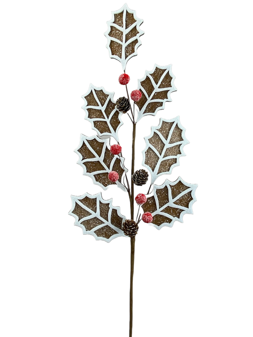 The 30 Brown Holly Lvs Cookie Spray (85806BN) features brown holly leaves with white edges, red berries, and small pine cones, all shown on a transparent background.