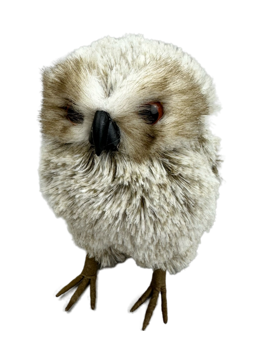 The 6 x 6 x 4 Brown Decor Owl (85860BN) is a plush, gray and white decorative owl with brown feet and a black beak, standing upright and facing forward with a slightly tilted head.