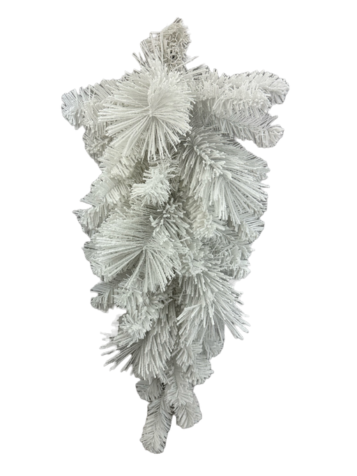 The 32 White Pine Teardrop (85875TD32) displays artificial white pine branches with a frosty, snowy look, artfully arranged in a hanging bundle against a solid black background.