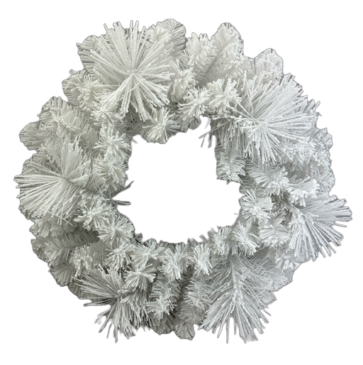 The 24" Diameter White Pine Wreath 85875WR24 features frosted, spiky branches in a circular design, offering a festive, wintry look—ideal as a striking White Christmas Wreath for your seasonal décor.