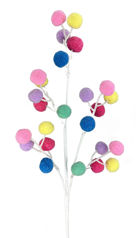 The 28" Multi Felt Ball Spray with 3 Stems (product code: 85909MULTI) showcases spherical decorations in vibrant shades of pink, yellow, blue, green, and purple. Arranged on white multi stems, these lively colors stand out beautifully against a plain background.