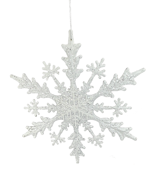 The DIA18 White Snowflake Ornament 85945WT features a glittery snowflake hanging by a silver string against a white background, making it an ideal holiday decoration.