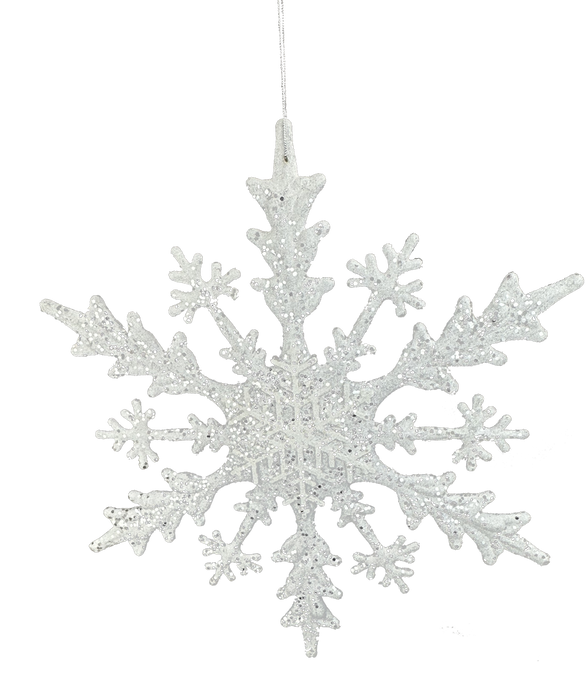 The DIA18 White Snowflake Ornament 85945WT features a glittery snowflake hanging by a silver string against a white background, making it an ideal holiday decoration.