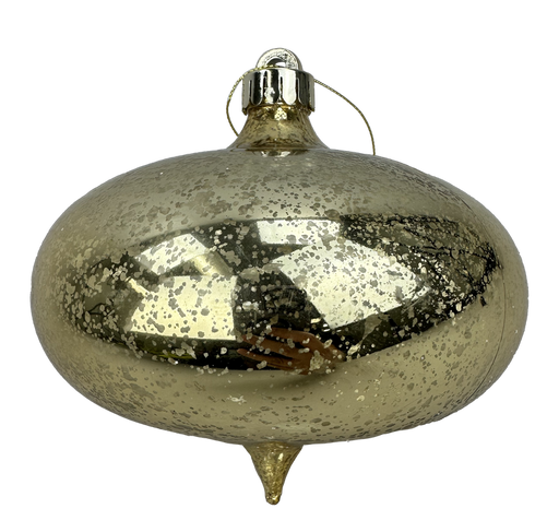 A 6 x 6 Gold Metallic Onion Ornament (85951GD), oval-shaped with a shiny, speckled surface and a small metal cap for hanging.
