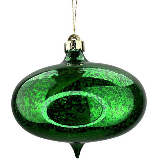 A 6 x 6 Green Metallic Onion Ornament (85951GN) featuring a shiny finish, oval shape, dark speckles, gold cap, and hanging loop.