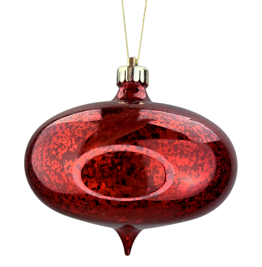 The H6xDIA6 Red Glitter Metallic Flat Onion Ornament 85951RD is a shiny, red glass Christmas decoration with a gold cap and string, featuring a speckled, reflective surface for a festive touch.
