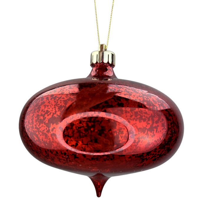 The H6xDIA6 Red Glitter Metallic Flat Onion Ornament 85951RD is a shiny, red glass Christmas decoration with a gold cap and string, featuring a speckled, reflective surface for a festive touch.