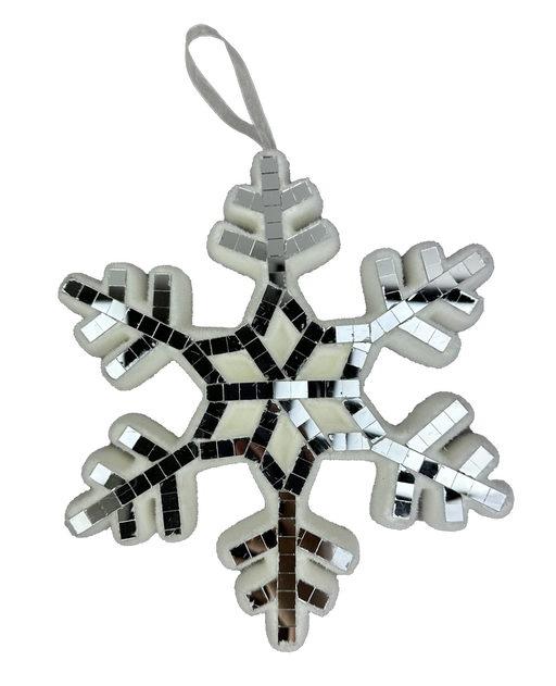The 9 Diameter Silver and White Mirror Snowflake Ornament (85985SVWT) features a sparkling mosaic design with small mirrors and a silver loop for easy hanging.