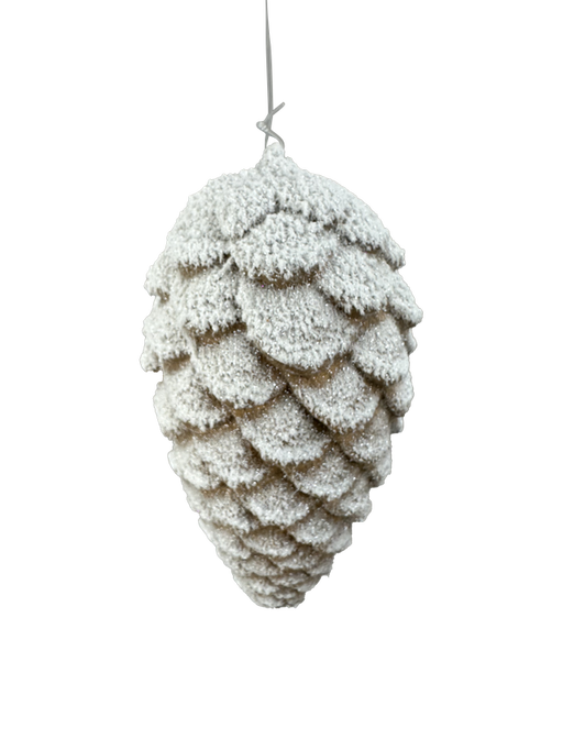 The 9 x 4 White Pinecone Ornament (86014SNOW) features a snow-dusted finish and hangs by a thin string against a plain white background, creating a charming seasonal display.