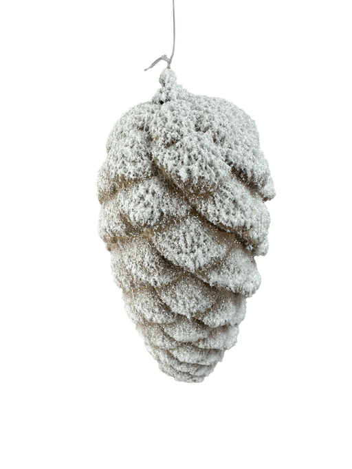 The 7 x 3 White Pinecone Ornament (86015SNOW) features artificial snow and hangs by a thin string against a plain white background.
