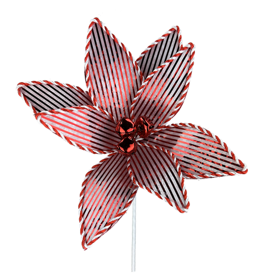 The 22" by 10" Red and White Peppermint Poinsettia Stem (86027RDWT) showcases red and white striped petals that resemble a candy cane, with each stem striking a festive and elegant pose.