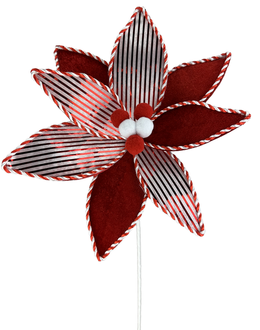A 22-inch by 10-inch Peppermint Bell Poinsettia fabric flower, featuring decorative red and white striped petals and small pom-poms at its center, identified by product number 86028RDWT, set against a plain white background.