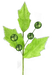 Illustration of a 28" Green Holly Leaves Ball Spray, showcasing three textured green leaves and five green spherical elements on thin stems, resembling a harmonious blend of nature and abstraction that evokes the vibrant texture of holly with an artistic touch.